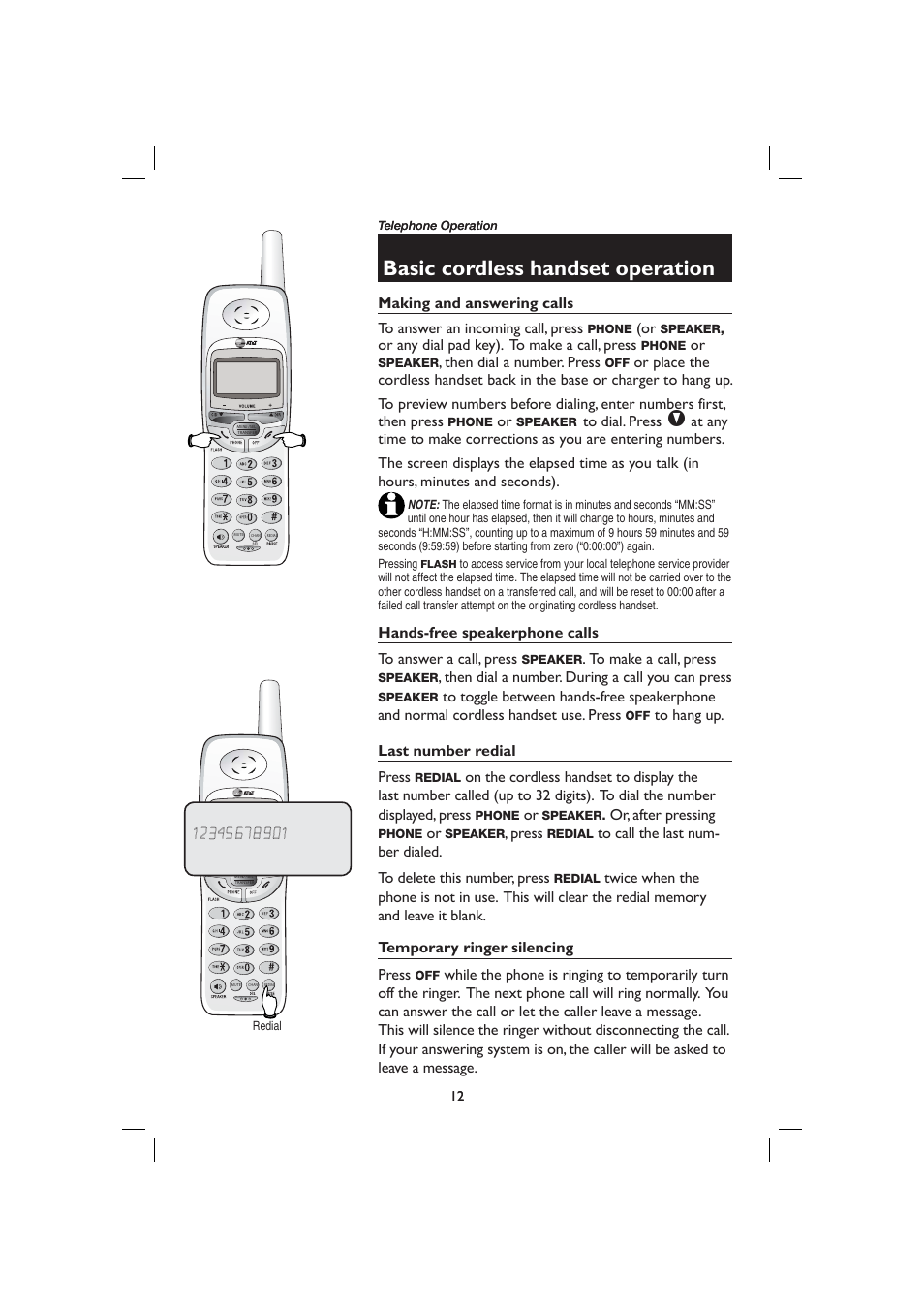 Basic cordless handset operation, Making and answering calls, Hands-free speakerphone calls | Last number redial, Temporary ringer silencing | AT&T E2727B User Manual | Page 16 / 60