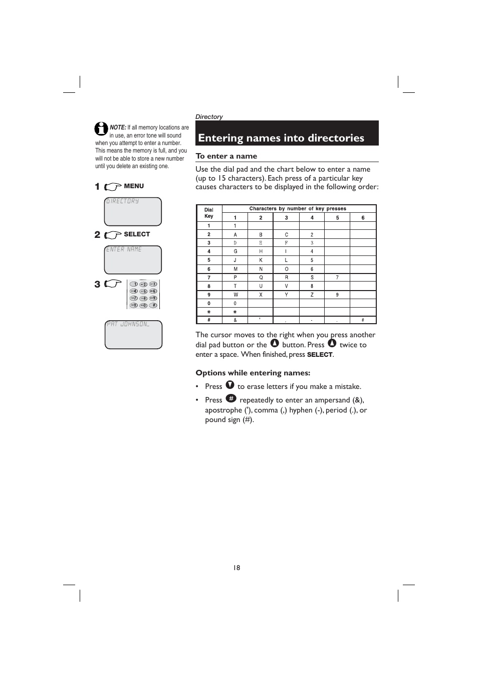 Entering names into directories, To enter a name, Options while entering names | AT&T E2727B User Manual | Page 22 / 60