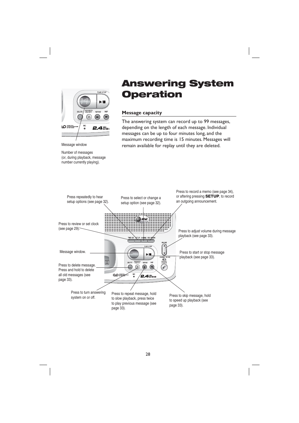 Answering system, Message capacity, Answering system operation | AT&T E2727B User Manual | Page 32 / 60