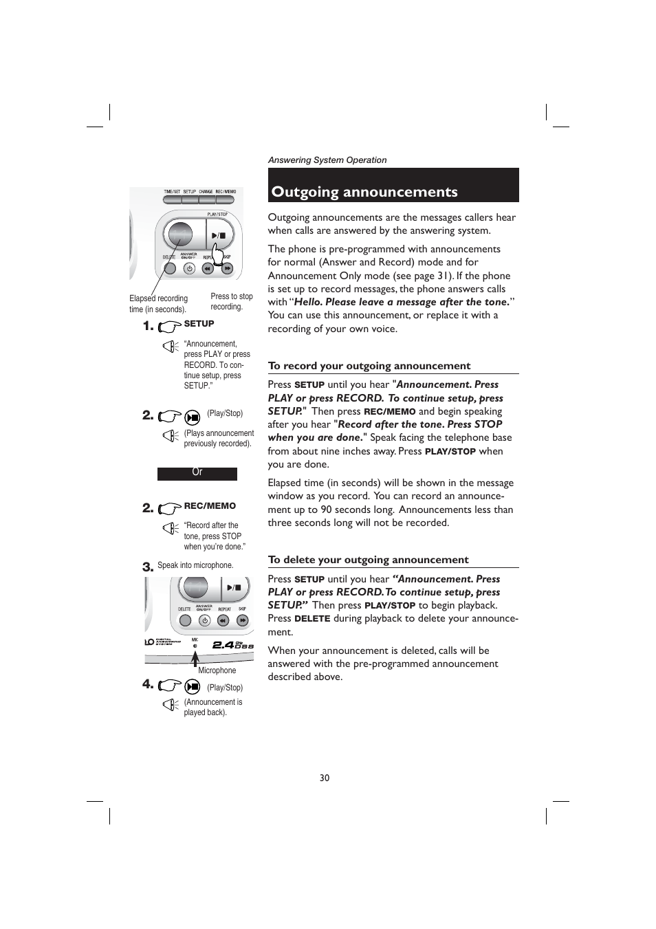 Outgoing announcements, To record your outgoing announcement, To delete your outgoing announcement | AT&T E2727B User Manual | Page 34 / 60