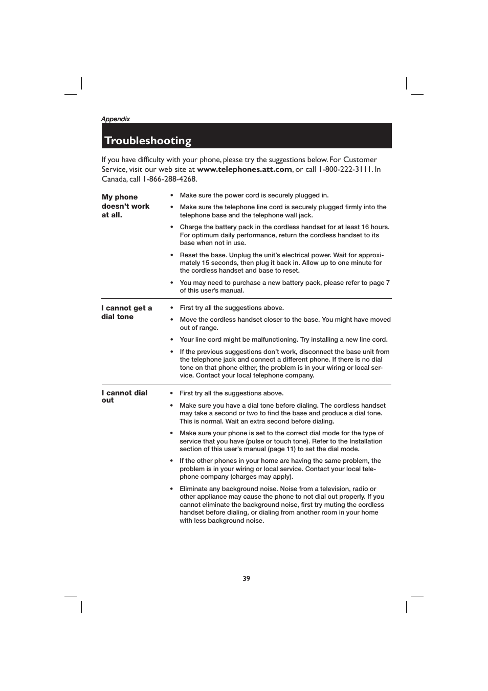 Appendix, Troubleshooting | AT&T E2727B User Manual | Page 43 / 60