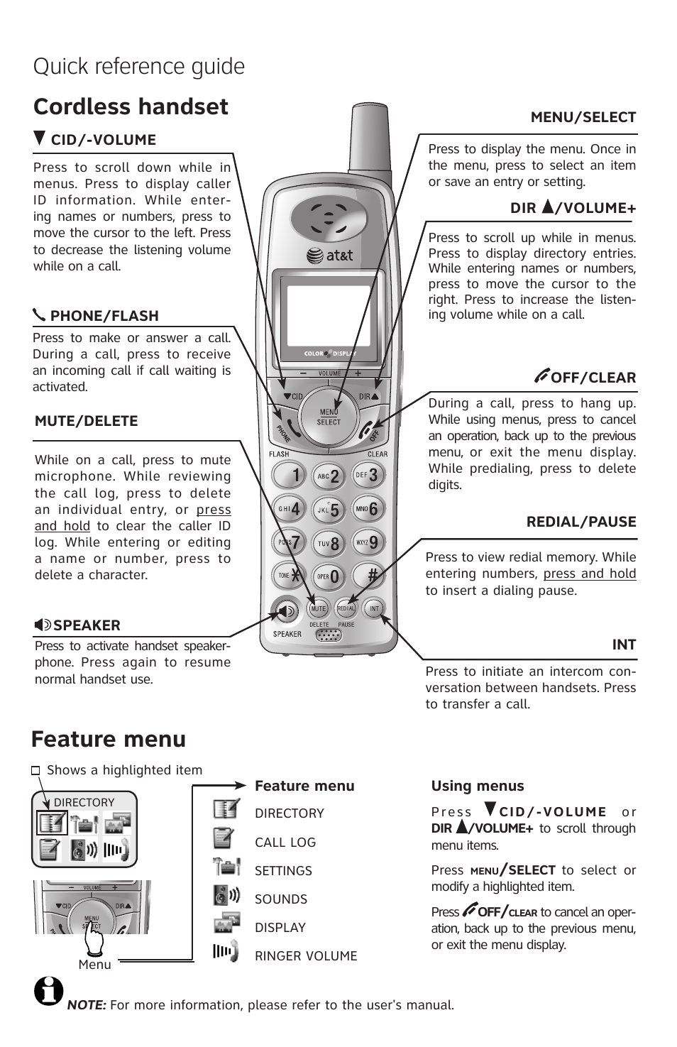 Feature menu, Quick reference guide, Cordless handset | AT&T E2903B User Manual | Page 4 / 6