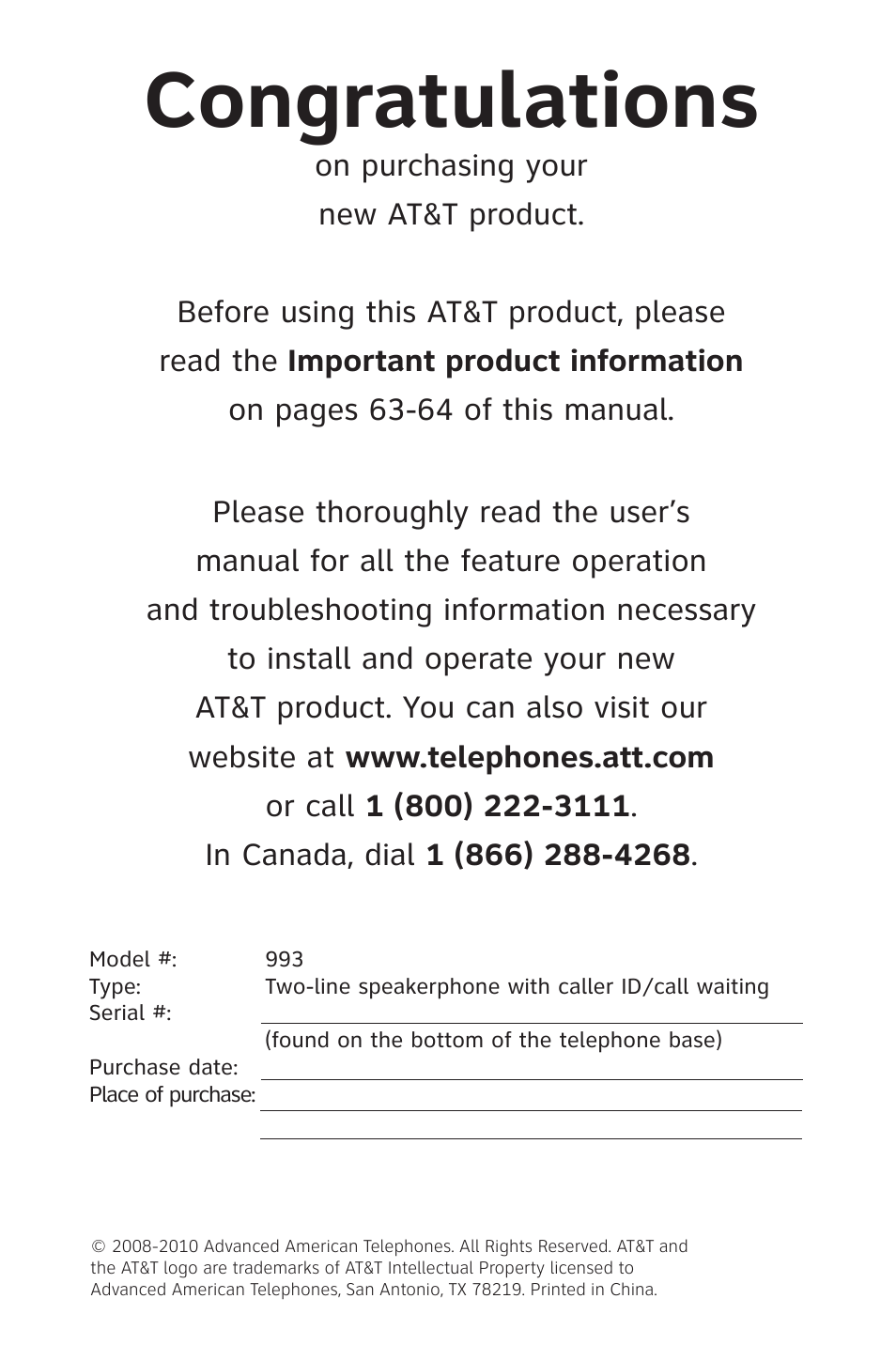 AT&T 993 2-Line User Manual | Page 2 / 79