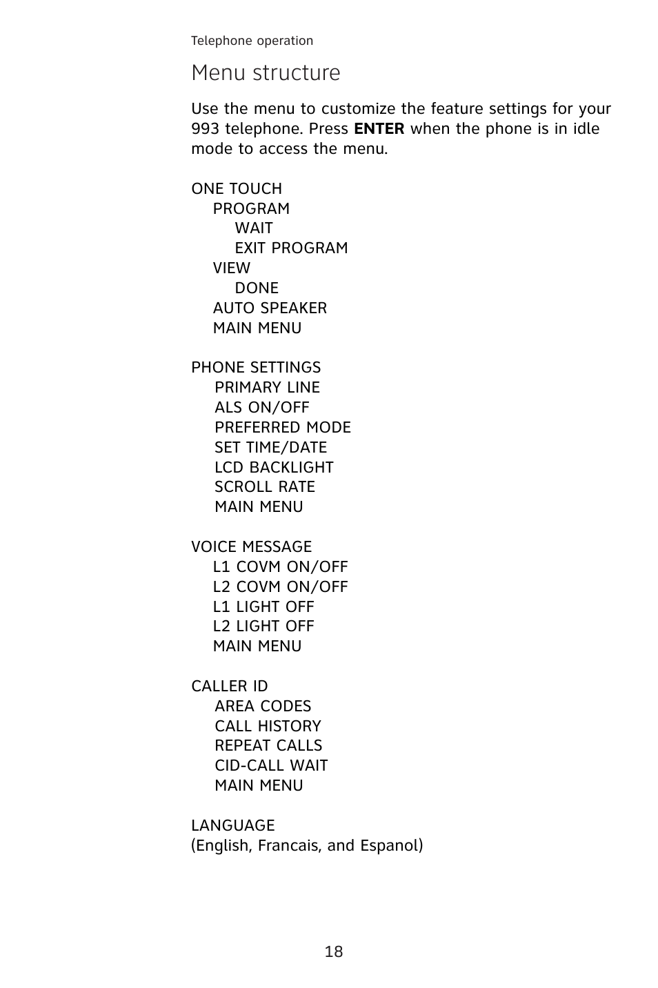Menu structure | AT&T 993 2-Line User Manual | Page 21 / 79