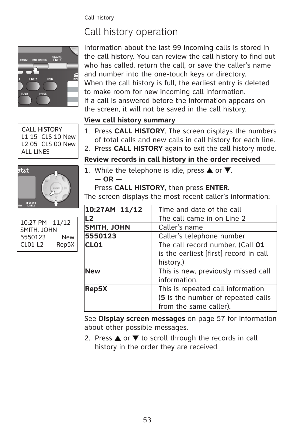 Call history operation | AT&T 993 2-Line User Manual | Page 56 / 79