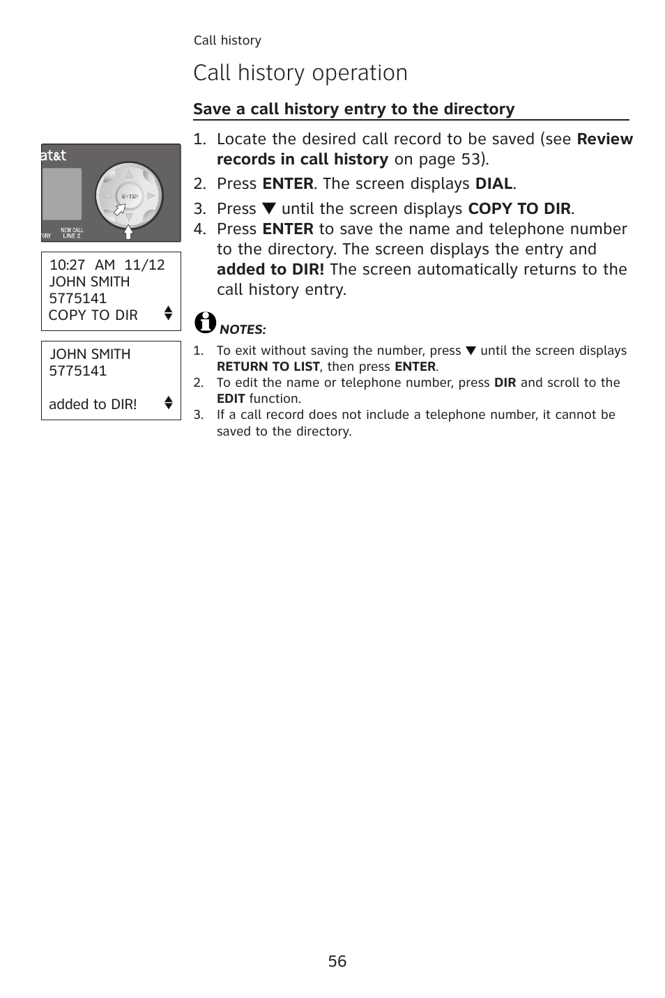 Call history operation | AT&T 993 2-Line User Manual | Page 59 / 79