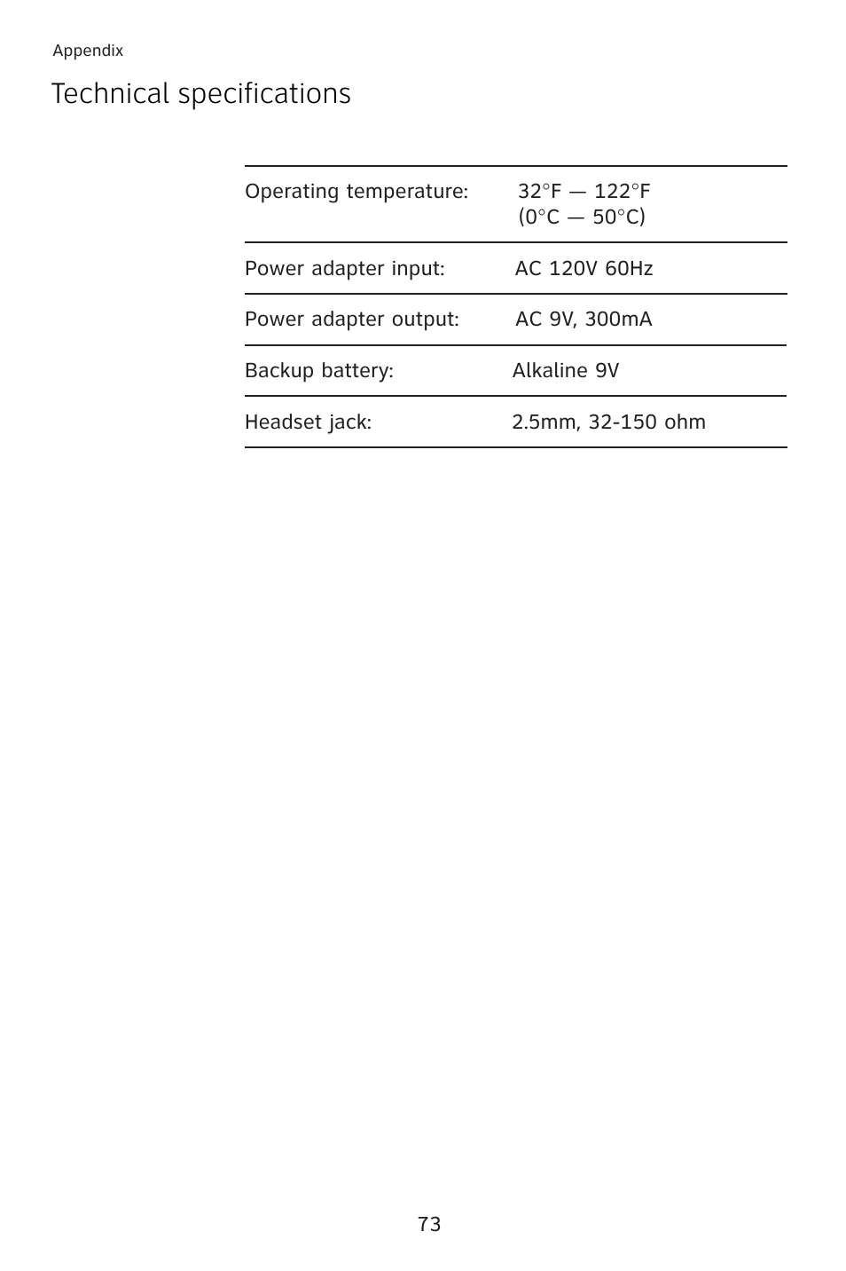 Technical specifications | AT&T 993 2-Line User Manual | Page 76 / 79