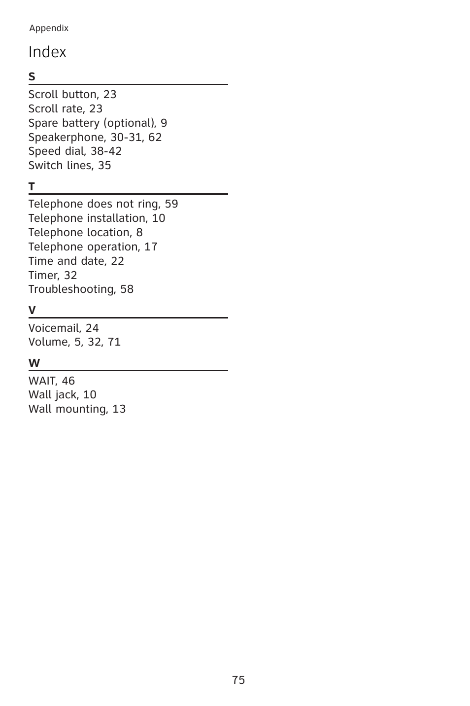 Index | AT&T 993 2-Line User Manual | Page 78 / 79