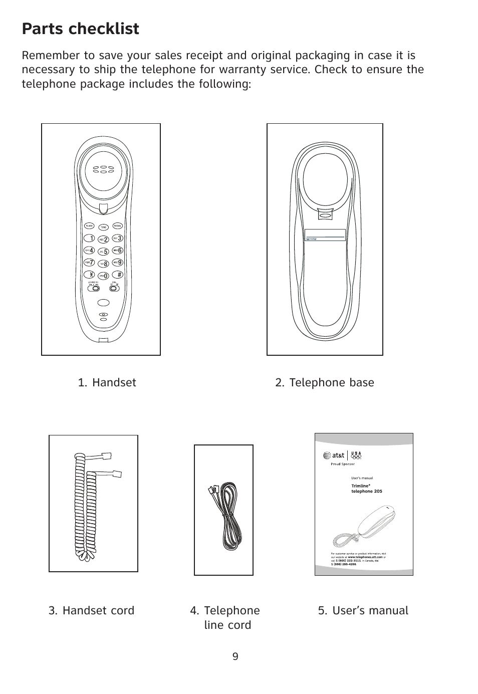 Parts checklist | AT&T Trimline 205 User Manual | Page 11 / 18