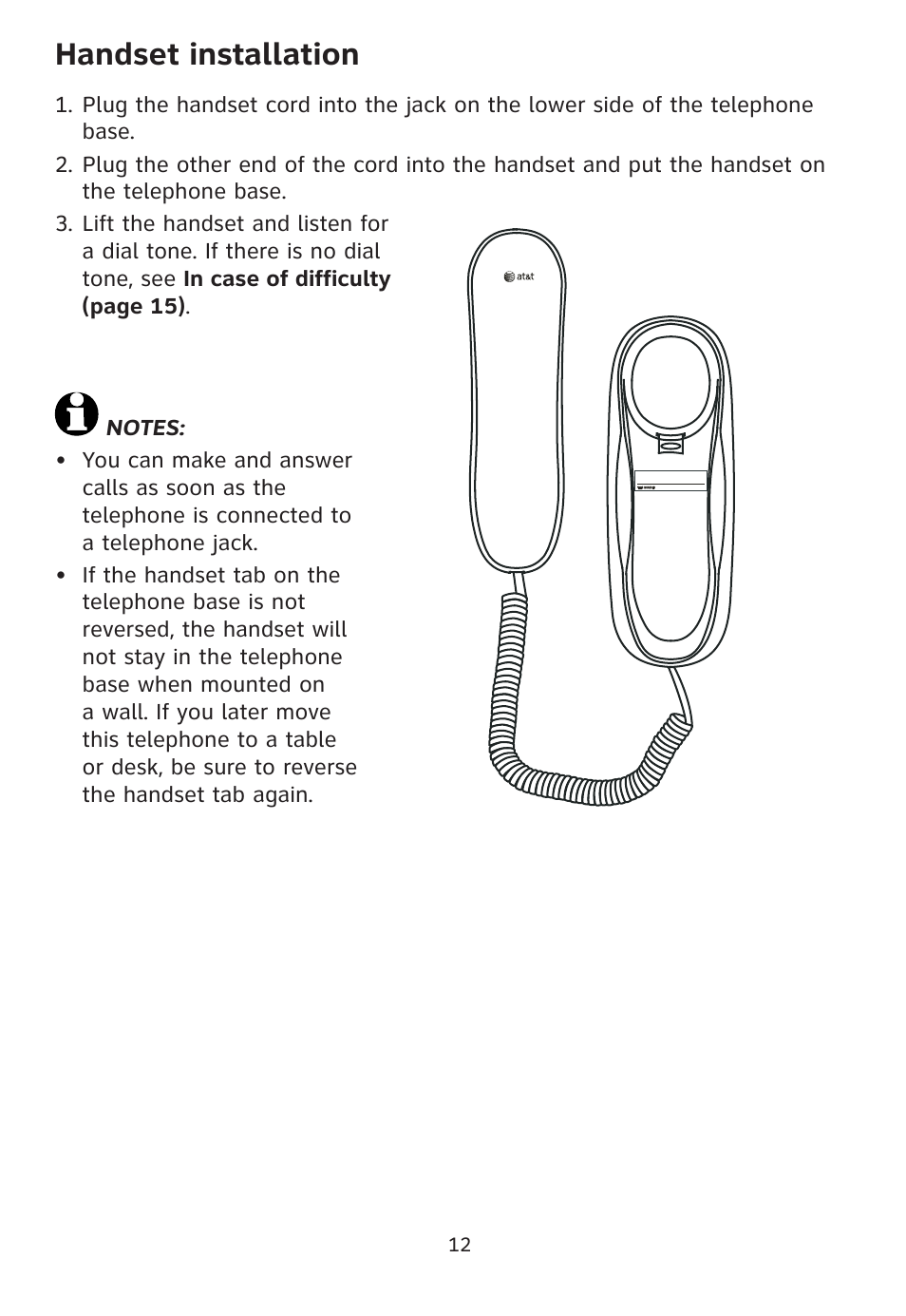 Handset installation | AT&T Trimline 205 User Manual | Page 14 / 18