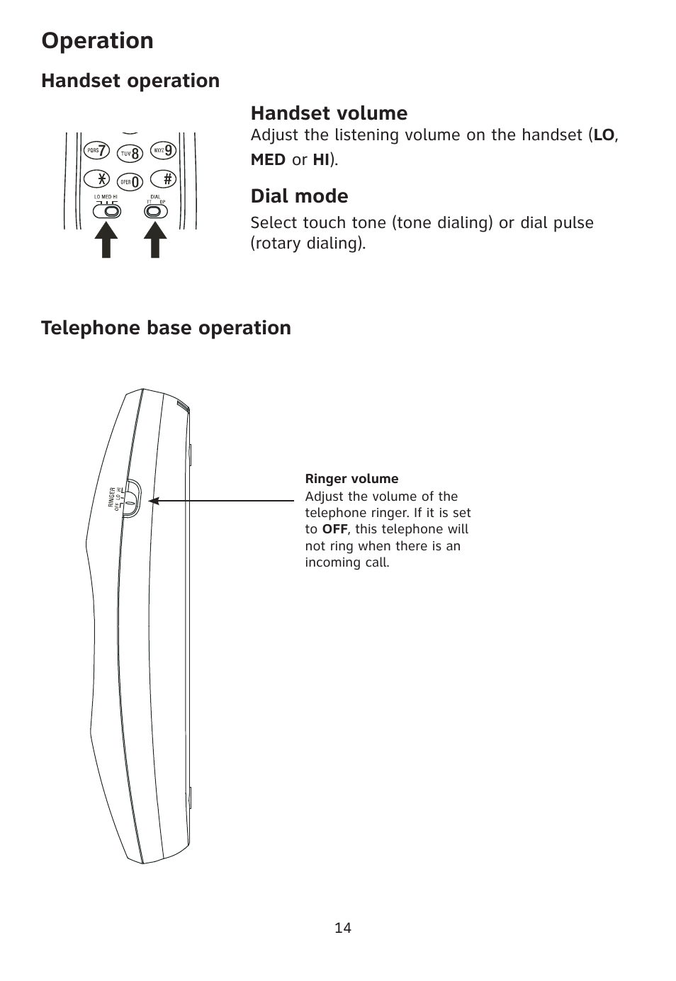 Operation, Telephone base operation, Handset operation handset volume | Dial mode | AT&T Trimline 205 User Manual | Page 16 / 18