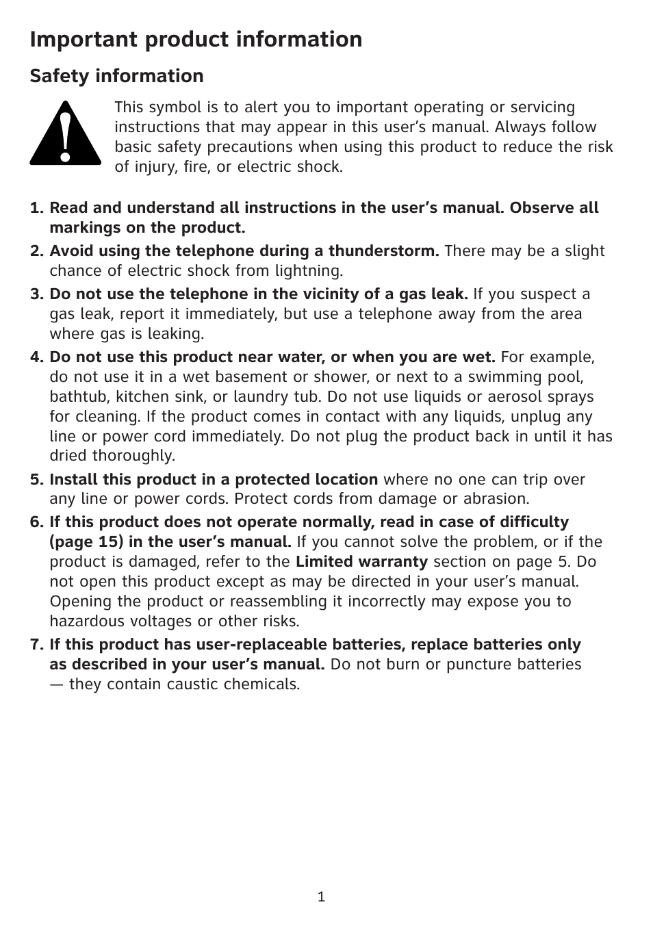 Important product information, Safety information | AT&T Trimline 205 User Manual | Page 3 / 18