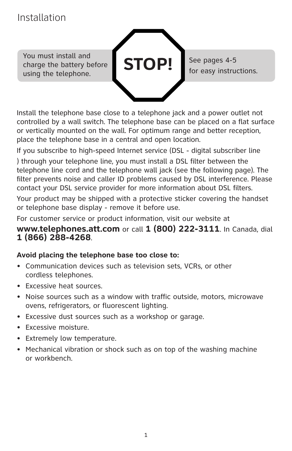 Stop, Installation | AT&T CL84250 User Manual | Page 2 / 11