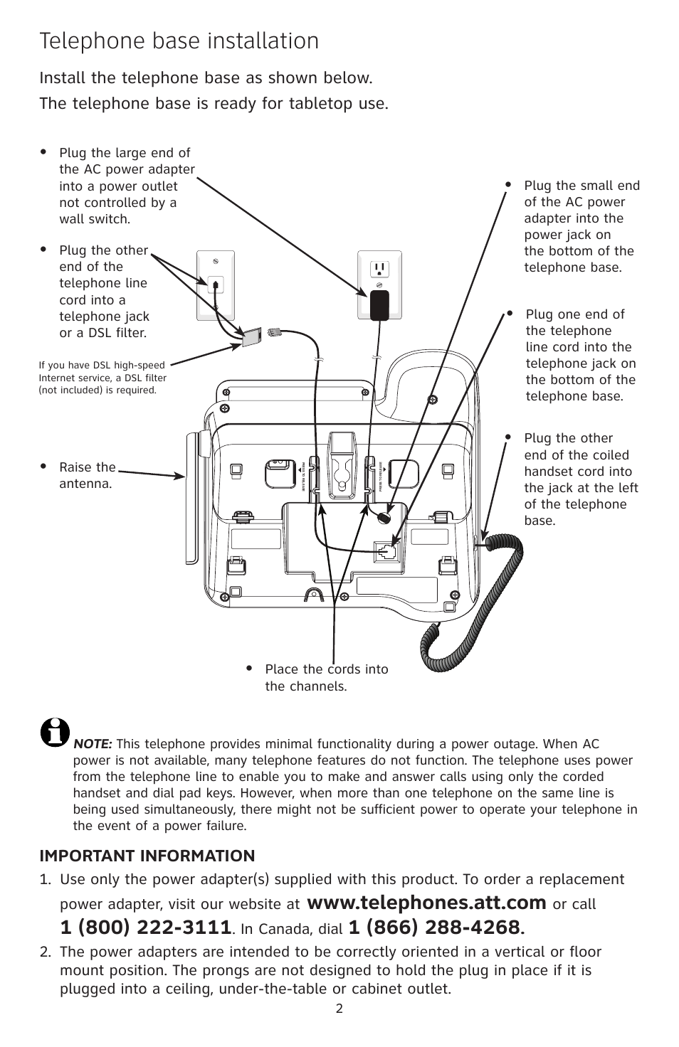Telephone base installation, Important information | AT&T CL84250 User Manual | Page 3 / 11
