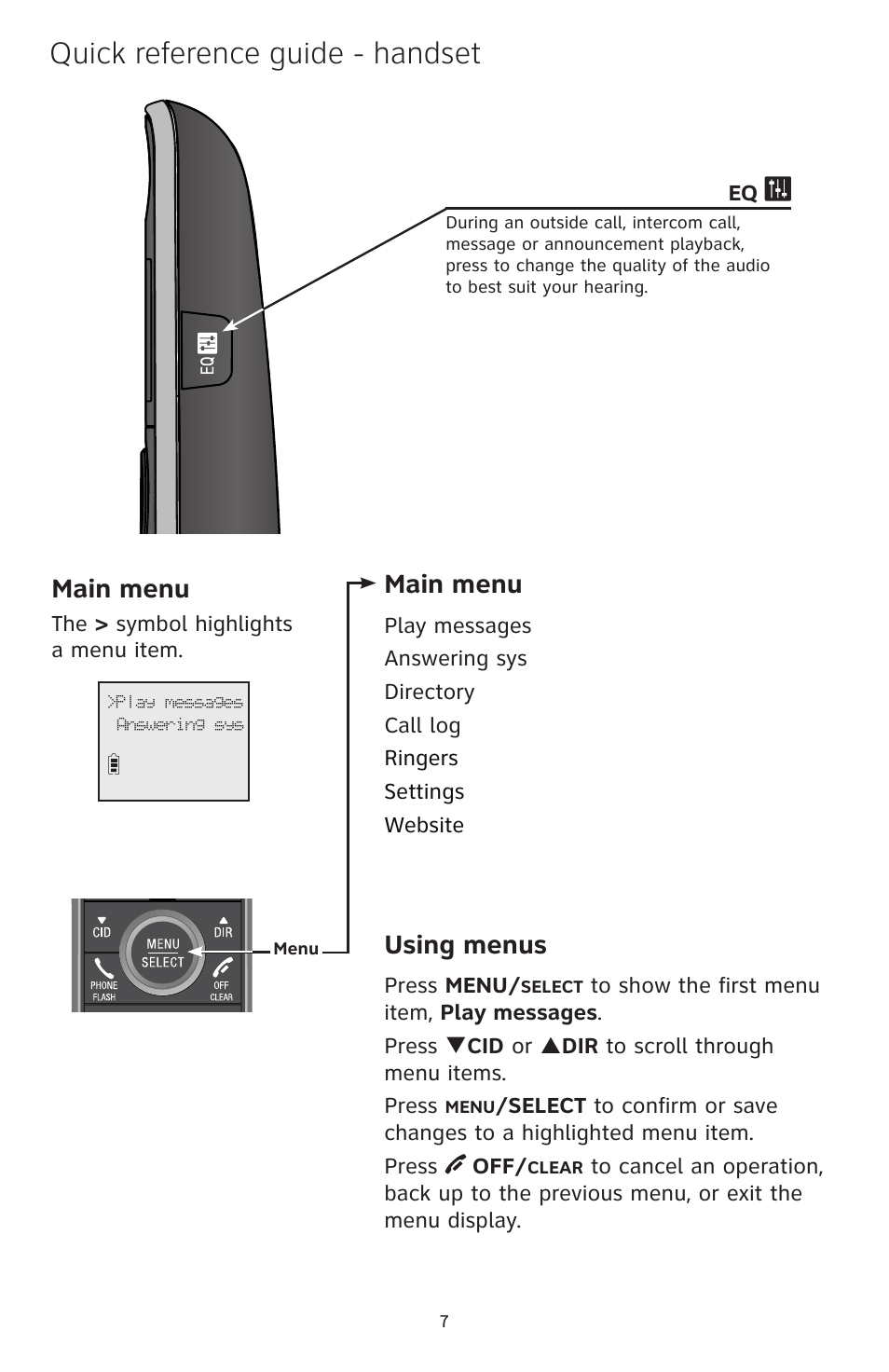 Quick reference guide - handset, Main menu, Using menus | AT&T CL84250 User Manual | Page 8 / 11