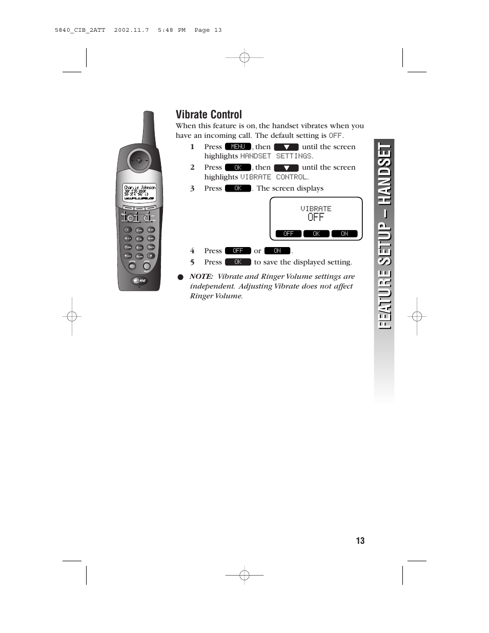 Fea ture setup – handset fea ture setup – handset | AT&T 5840 User Manual | Page 16 / 77