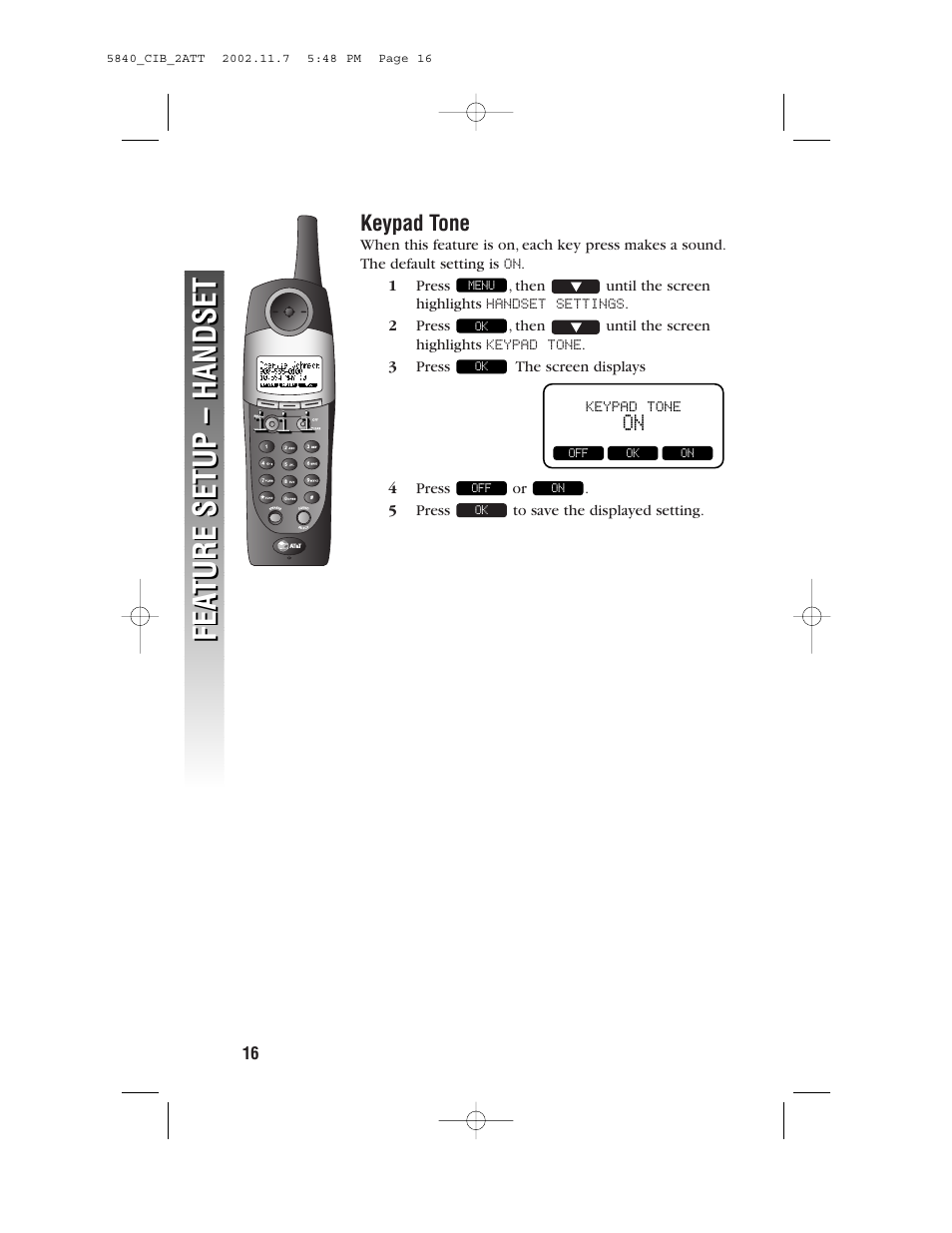 Fea ture setup – handset fea ture setup – handset | AT&T 5840 User Manual | Page 19 / 77