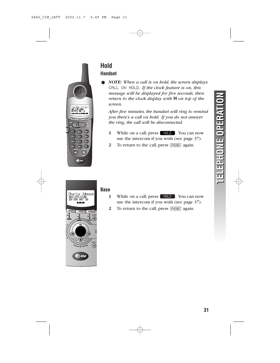 Telephone opera tion telephone opera tion | AT&T 5840 User Manual | Page 34 / 77