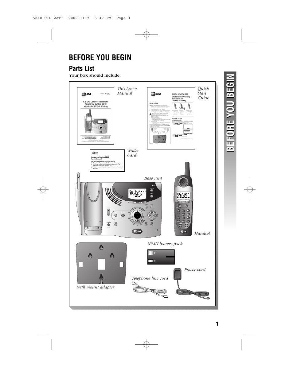 Before you begin, Parts list | AT&T 5840 User Manual | Page 4 / 77
