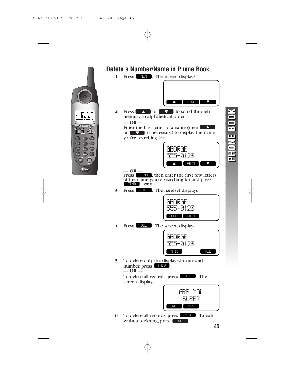 Phone book, Are you sure | AT&T 5840 User Manual | Page 48 / 77