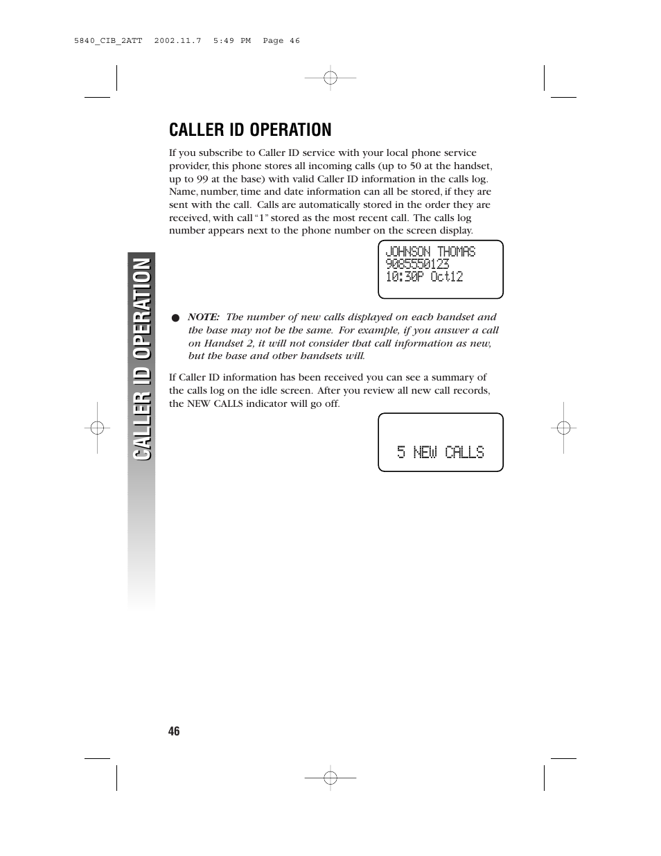 Caller id opera tion caller id opera tion, 5 new calls | AT&T 5840 User Manual | Page 49 / 77