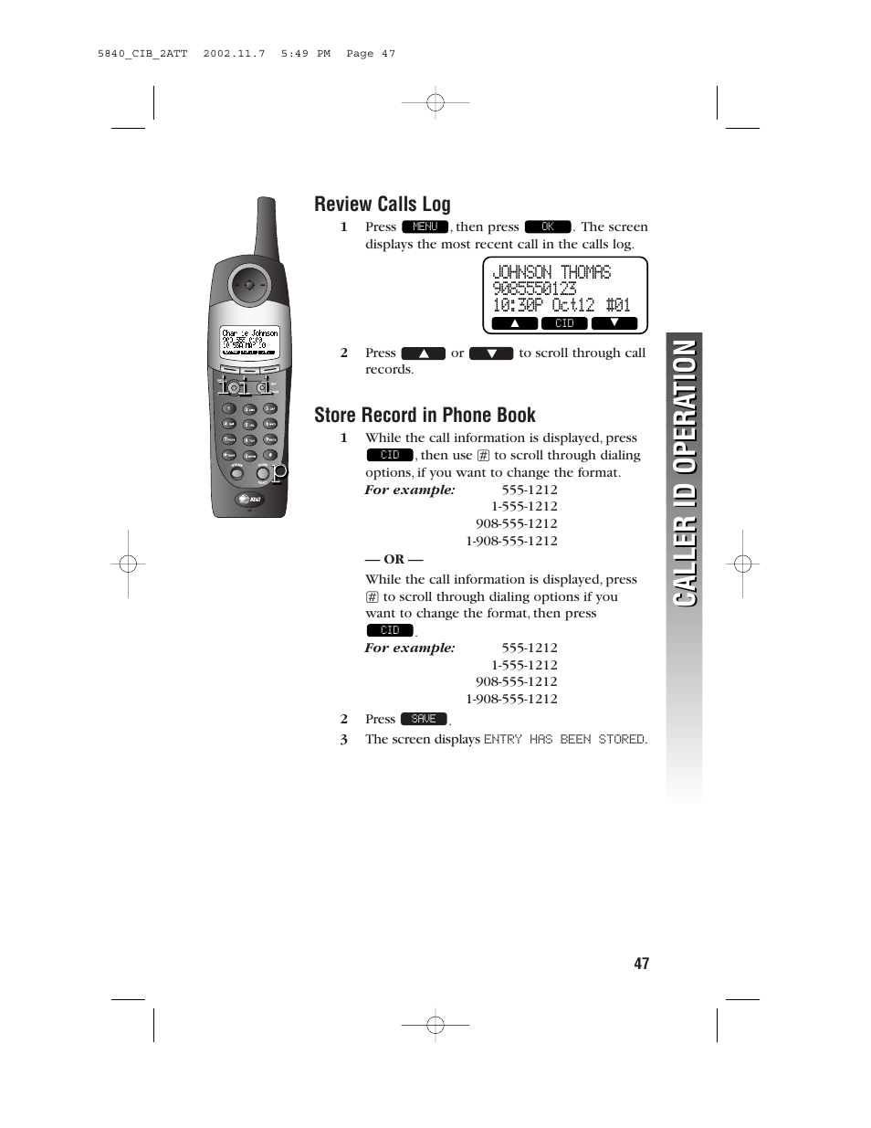 Caller id opera tion caller id opera tion | AT&T 5840 User Manual | Page 50 / 77