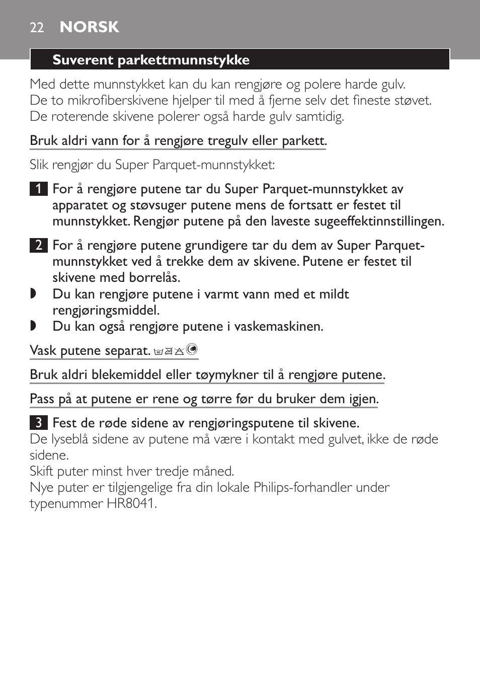 Norsk | Philips Brosse d'aspirateur User Manual | Page 22 / 40