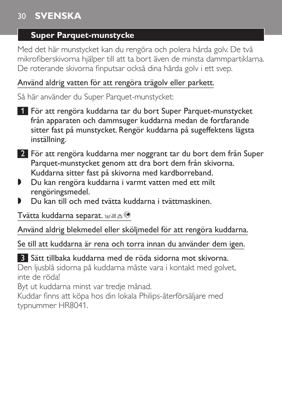 Svenska | Philips Brosse d'aspirateur User Manual | Page 30 / 40