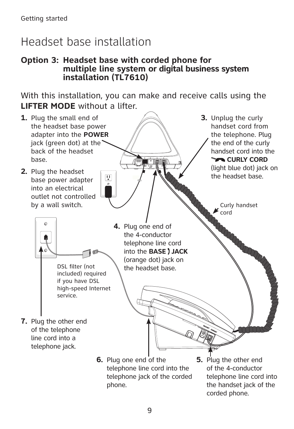 Headset base installation | AT&T TL760 User Manual | Page 10 / 14