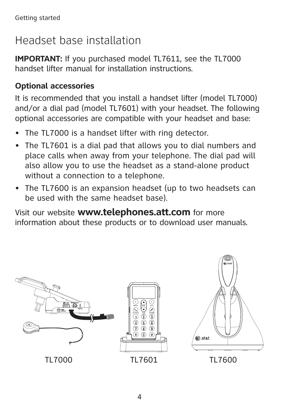 Headset base installation | AT&T TL760 User Manual | Page 5 / 14