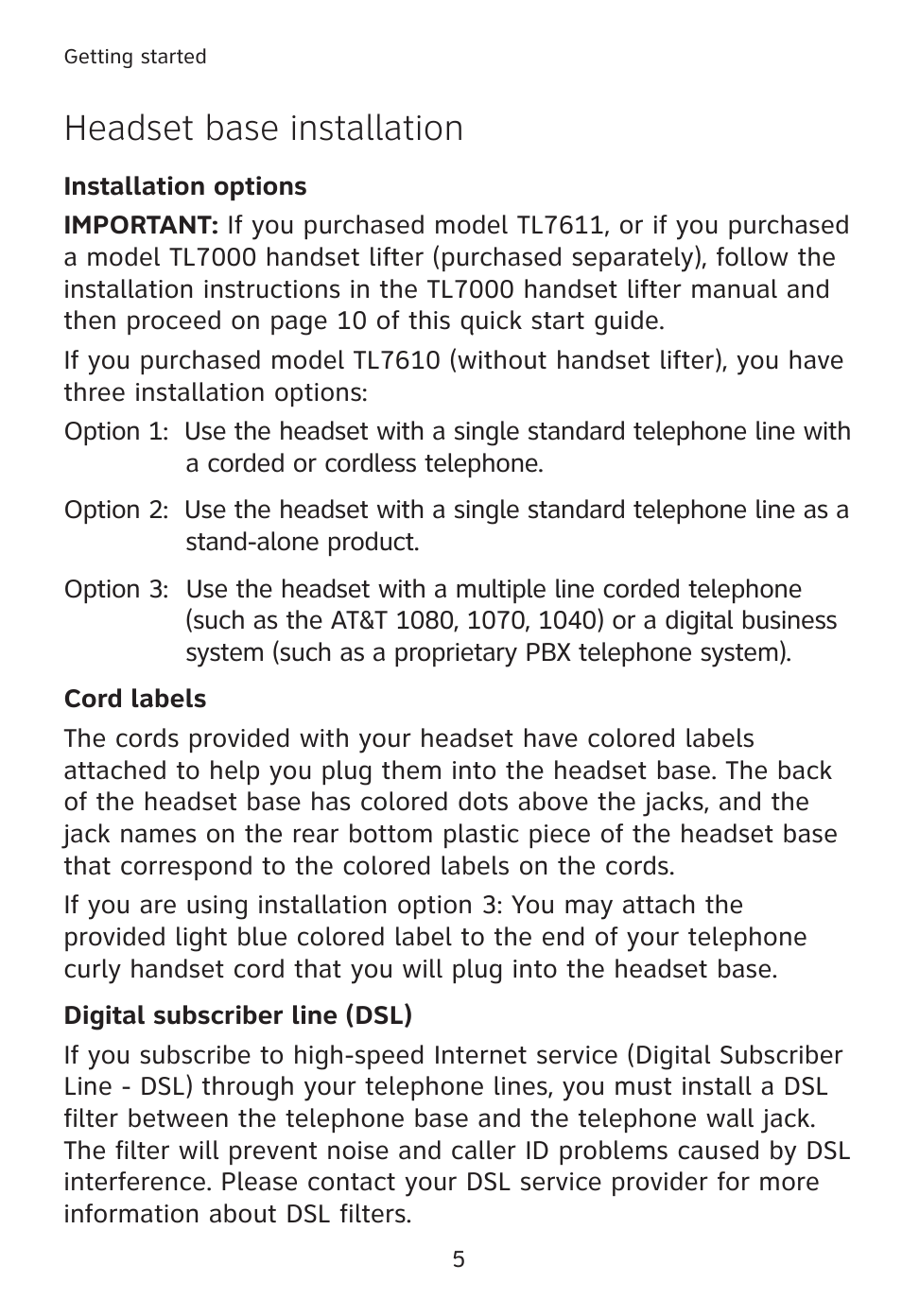 Headset base installation | AT&T TL760 User Manual | Page 6 / 14
