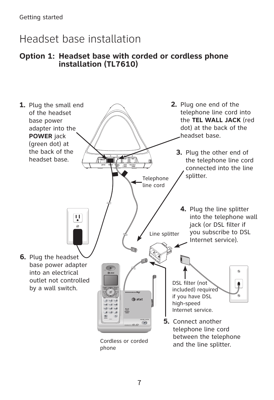 Headset base installation | AT&T TL760 User Manual | Page 8 / 14