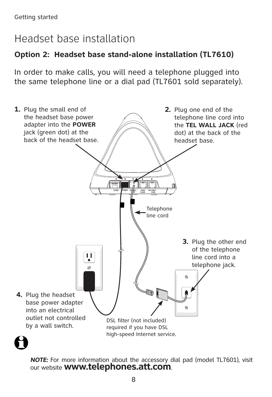 Headset base installation | AT&T TL760 User Manual | Page 9 / 14