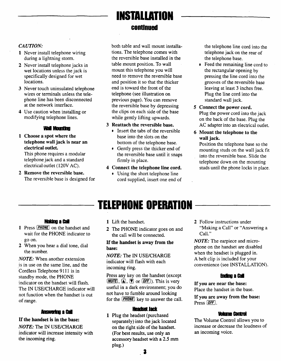 Installation, Mumoining, 2 remove the reversible base | 3 reattach the reversible base, 4 connect the telephone line cord, 5 connect the power cord, 6 mount the telephone to the wall jack, Telephone operation, Makingacal, Flmmringacal | AT&T 9111 User Manual | Page 4 / 16