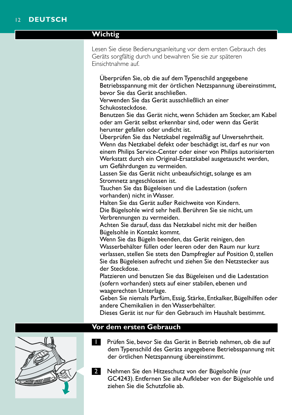 Deutsch 12 | Philips Fer vapeur User Manual | Page 12 / 48