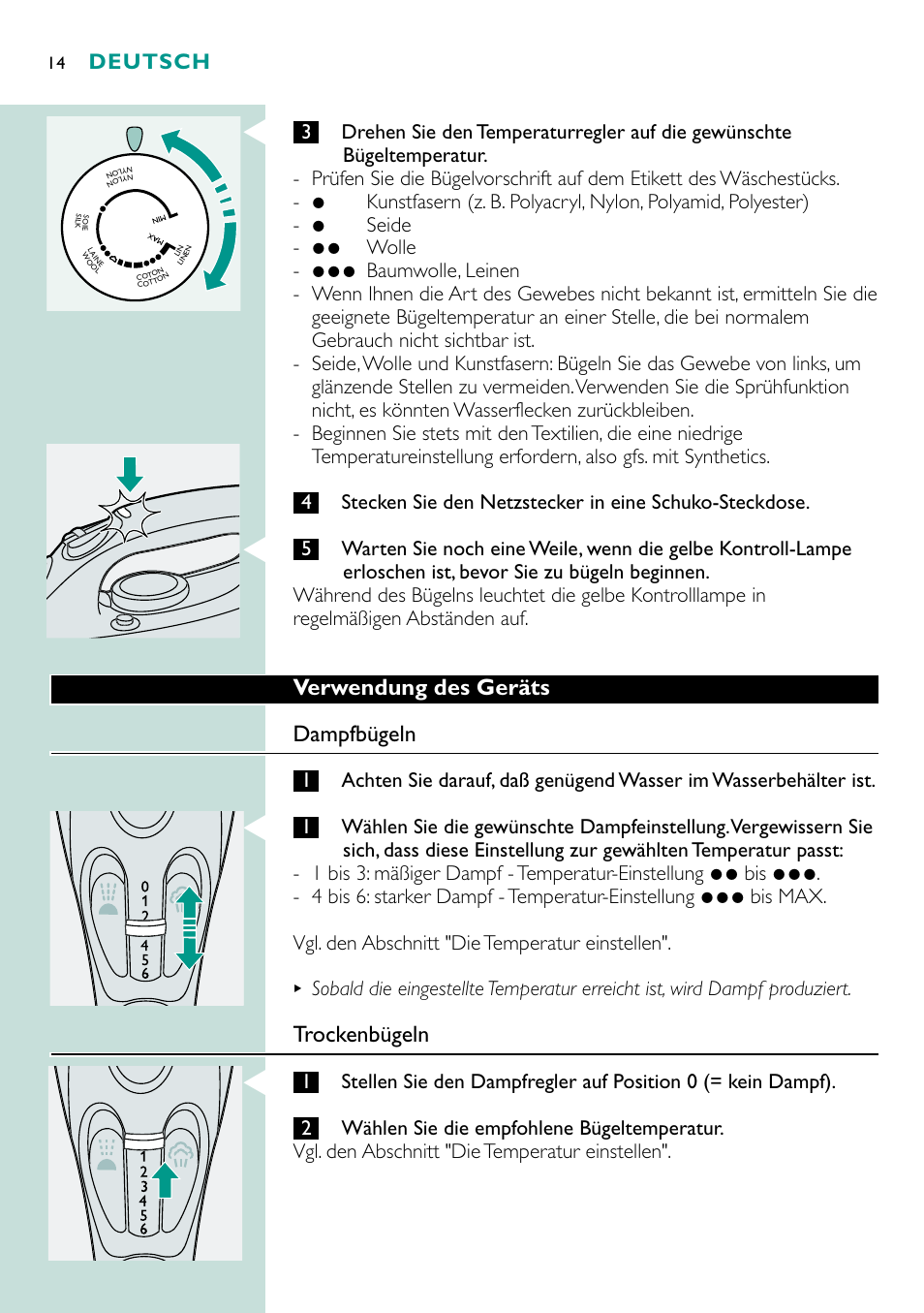 Verwendung des geräts dampfbügeln, Trockenbügeln, Deutsch | Philips Fer vapeur User Manual | Page 14 / 48