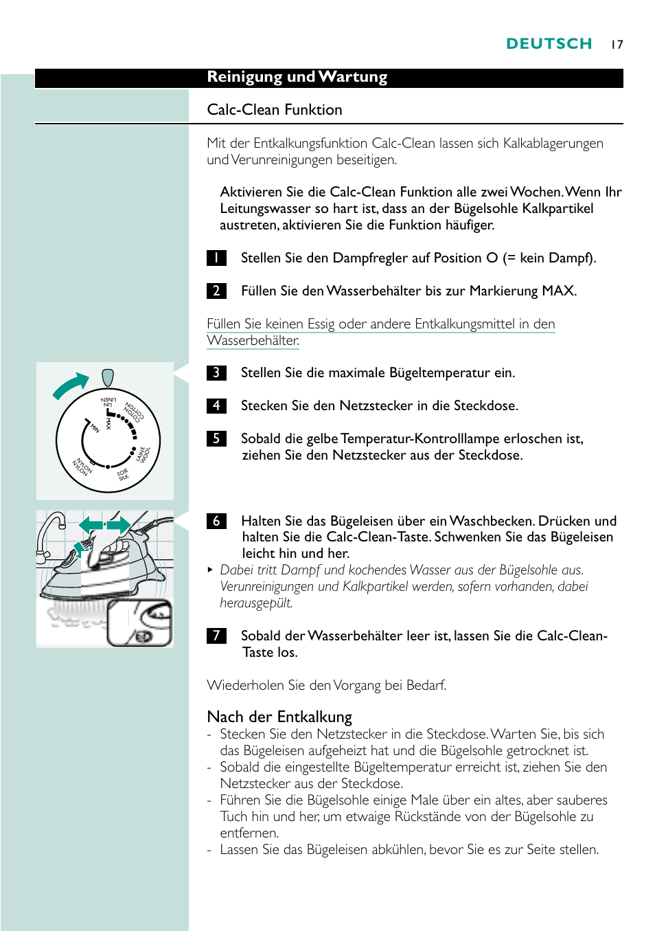 Nach der entkalkung, Reinigung und wartung calc-clean funktion, Deutsch | Philips Fer vapeur User Manual | Page 17 / 48