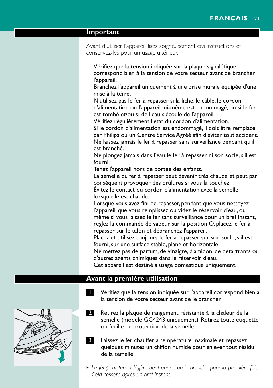 Français 21 | Philips Fer vapeur User Manual | Page 21 / 48