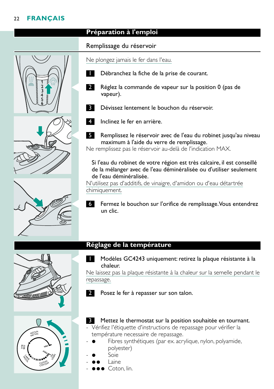 Préparation à l'emploi remplissage du réservoir, Réglage de la température, Français | Philips Fer vapeur User Manual | Page 22 / 48