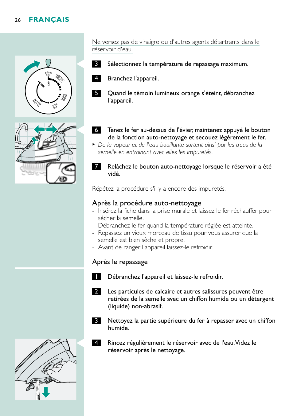 Après la procédure auto-nettoyage, Après le repassage, Français | Philips Fer vapeur User Manual | Page 26 / 48