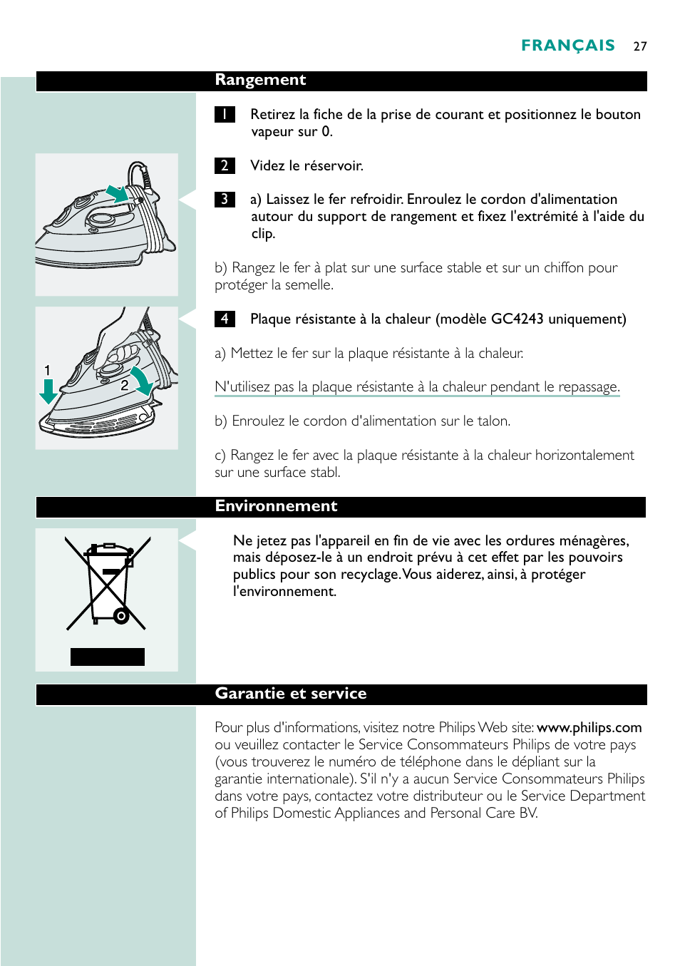 Philips Fer vapeur User Manual | Page 27 / 48