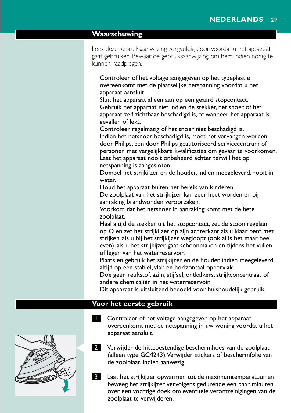 Nederlands 29 | Philips Fer vapeur User Manual | Page 29 / 48