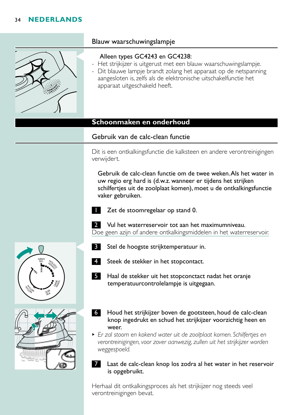 Blauw waarschuwingslampje, Nederlands | Philips Fer vapeur User Manual | Page 34 / 48