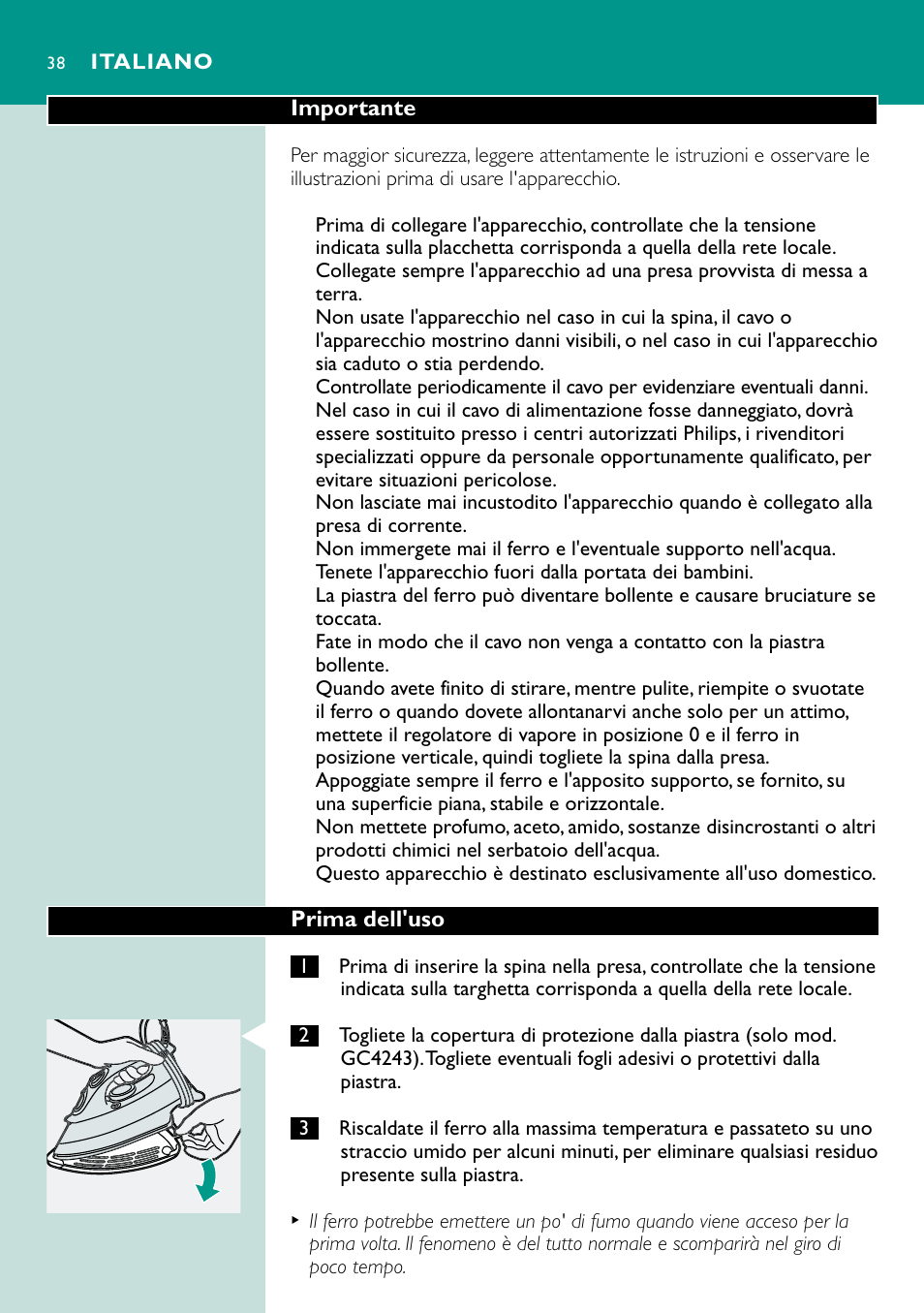 Italiano 38 | Philips Fer vapeur User Manual | Page 38 / 48