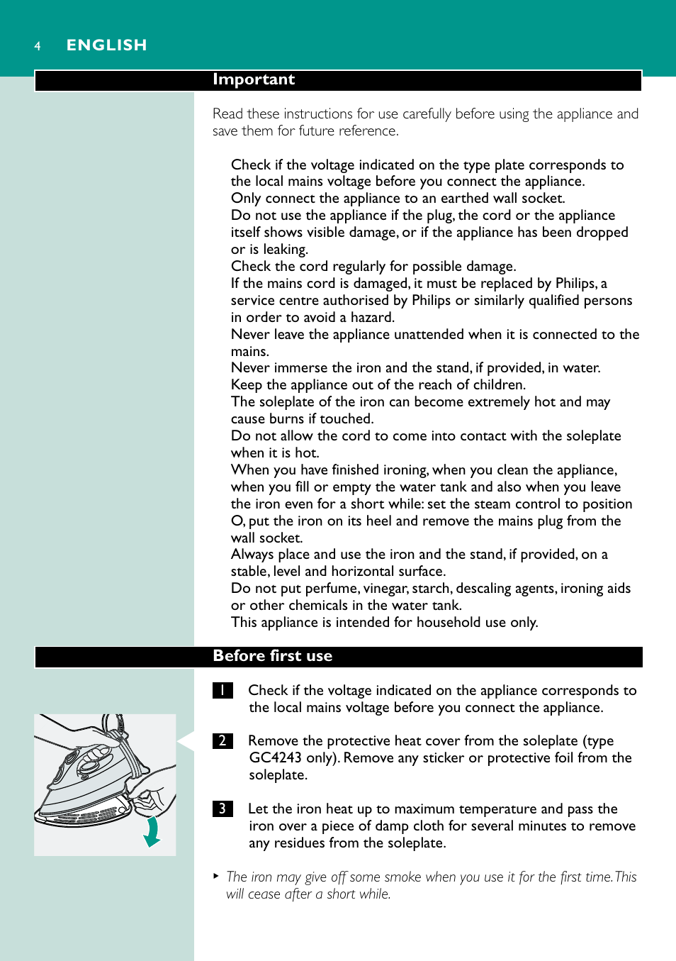 English 4 | Philips Fer vapeur User Manual | Page 4 / 48