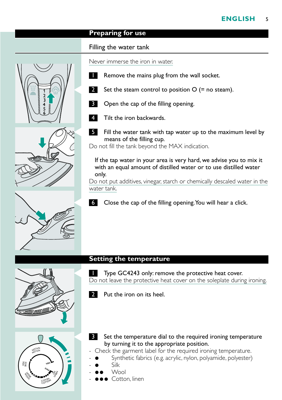 Preparing for use filling the water tank, Setting the temperature, English | Philips Fer vapeur User Manual | Page 5 / 48