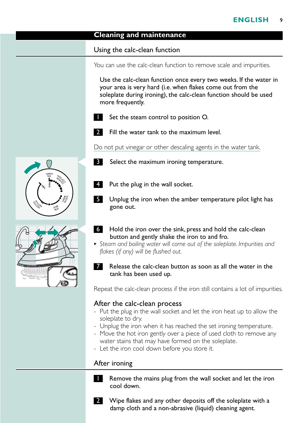 After the calc-clean process, After ironing, English | Philips Fer vapeur User Manual | Page 9 / 48