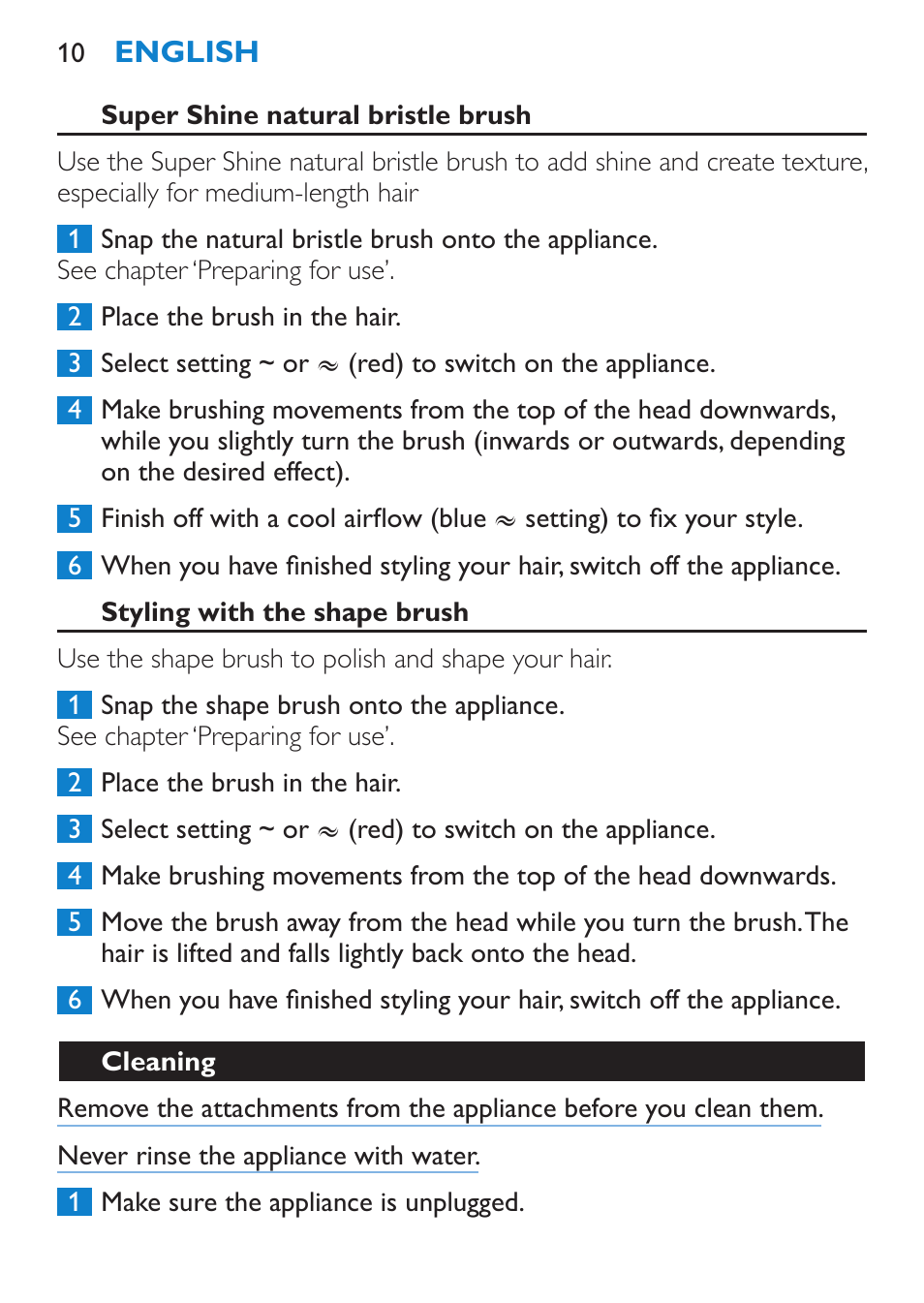 Super shine natural bristle brush, Styling with the shape brush, Cleaning | Philips Brosse soufflante User Manual | Page 10 / 108