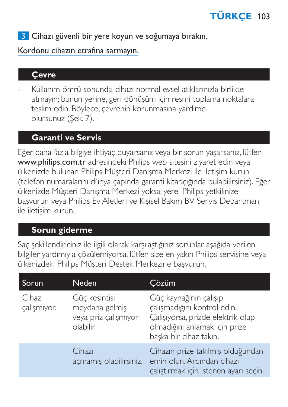 Çevre, Garanti ve servis, Sorun giderme | Philips Brosse soufflante User Manual | Page 103 / 108