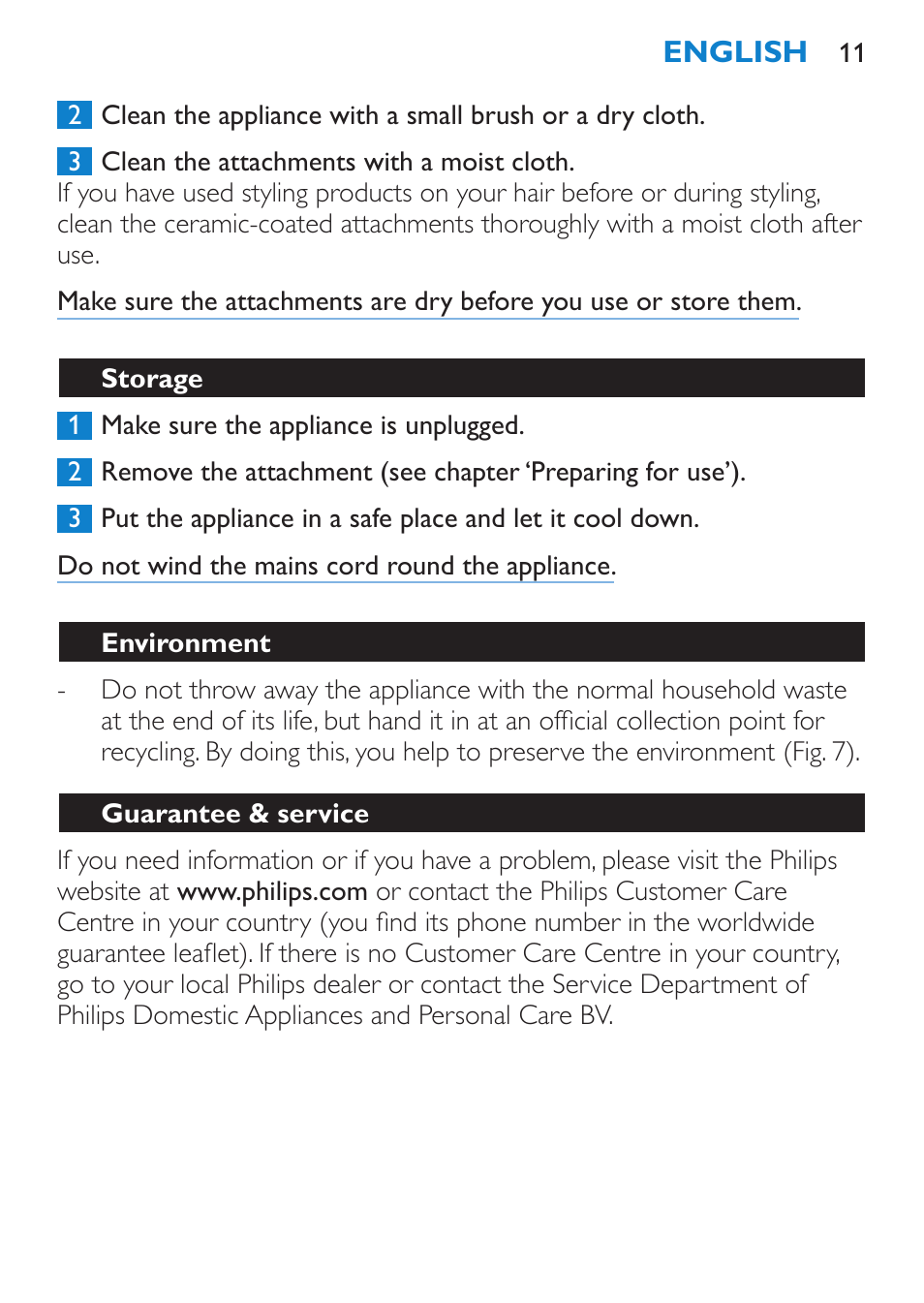 Storage, Environment, Guarantee & service | Troubleshooting | Philips Brosse soufflante User Manual | Page 11 / 108